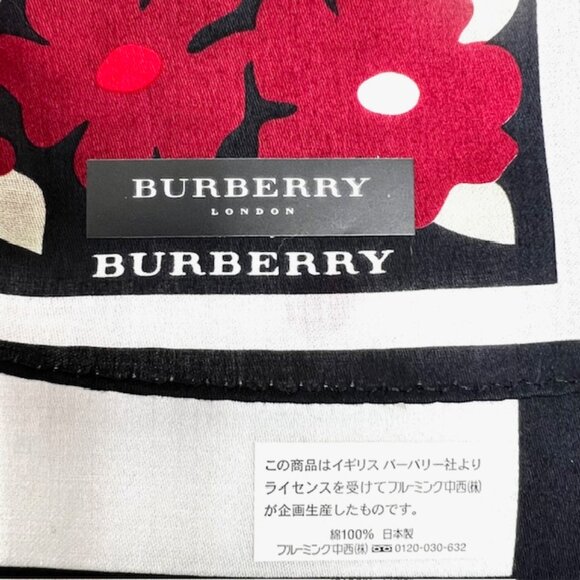 NewTag Burberry Miniscarf/handker19.5" Cotton/Silk Black White Red Floral(14) - Picture 6 of 8